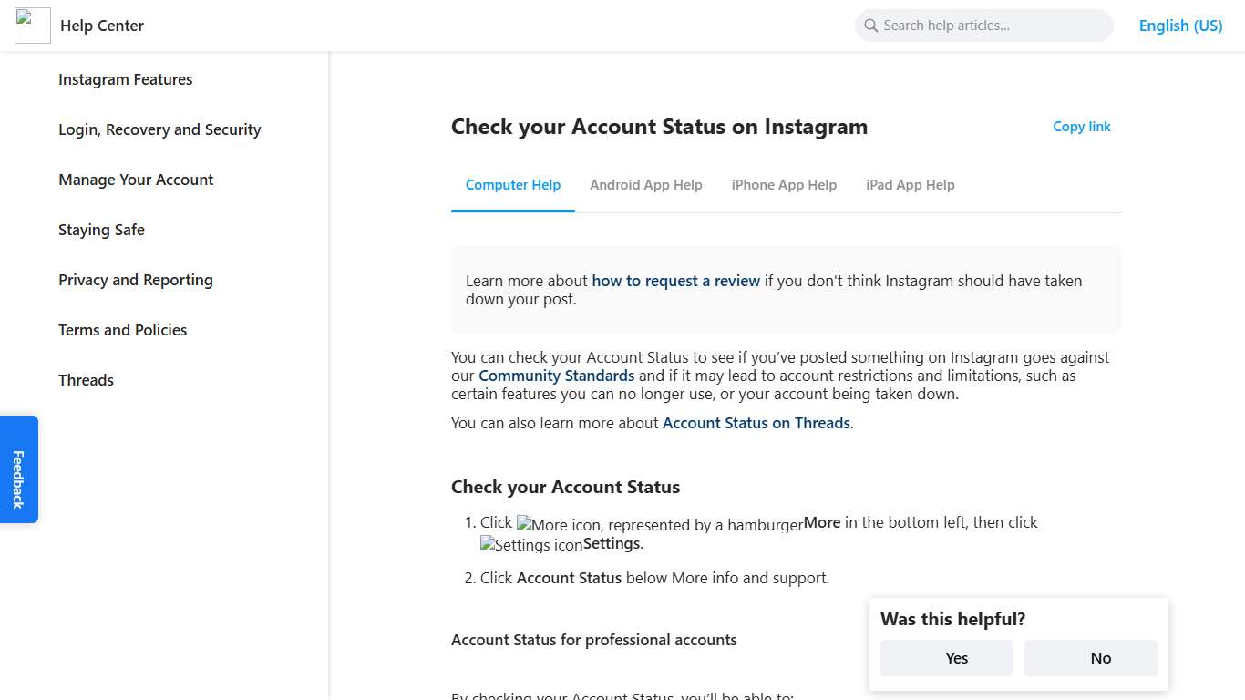 Check your Account Status on Instagram Instagram Help Center