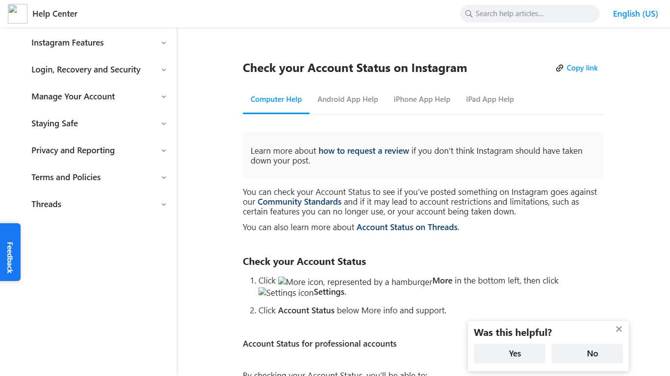 Check your Account Status on Instagram Instagram Help Center